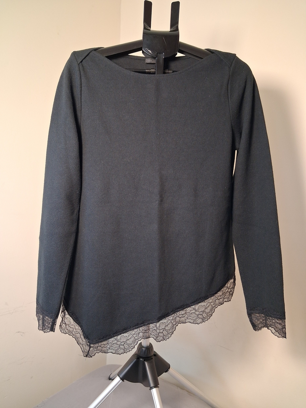Zara Black Long-Sleeve Top with Lace Hem Boat Neck